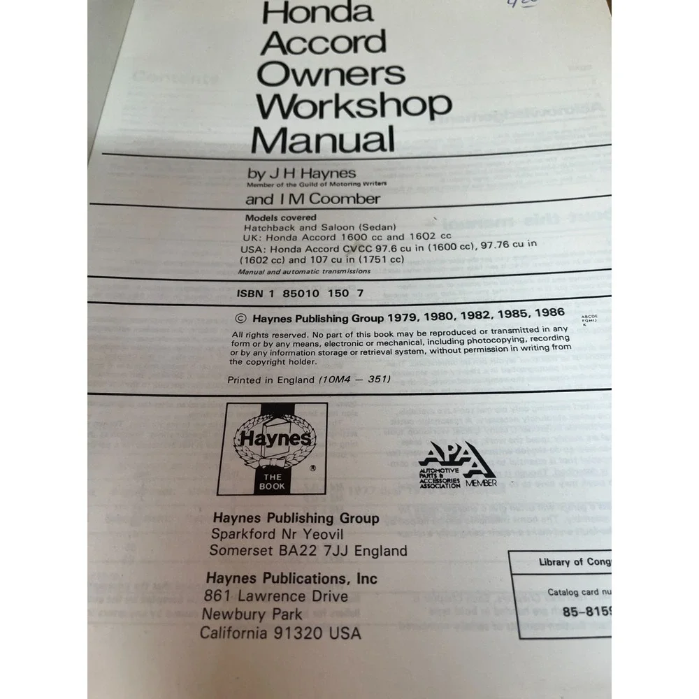 VTG Haynes 42010 Honda Accord CVCC 1976-1983 Owners Workshop Manual‎